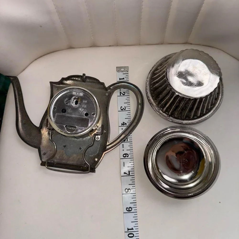 Antique Silver Tone Cupcake Trinket box & Teapot Clock
